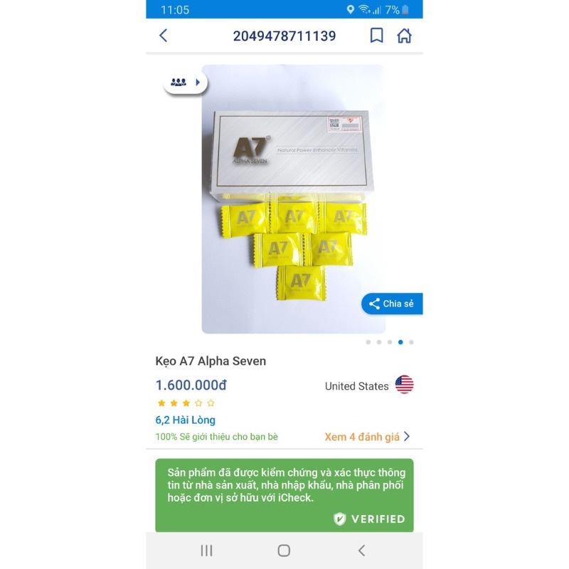 Kẹo Sâm A7 Alpha Seven USA Chính Hãng Kéo Dài Thời Gian Tăng Đề Kháng