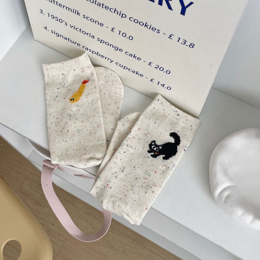 Vớ Màu Trơn Thêu Hình Mèo Ăn Cá Phong Cách Đường Phố Hàn Quốc Dễ Phối Đồ