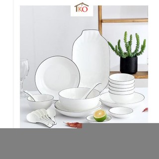 Bộ bát đĩa sứ trắng viền đen 21 món phong cách Bắc Âu cao cấp