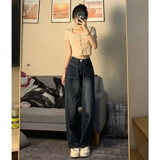 Quần jean xẻ rộng lưng cao dành cho nữ thời trang Quần phong cách Hồng Kông cổ điển, quần ống thẳng, có túi