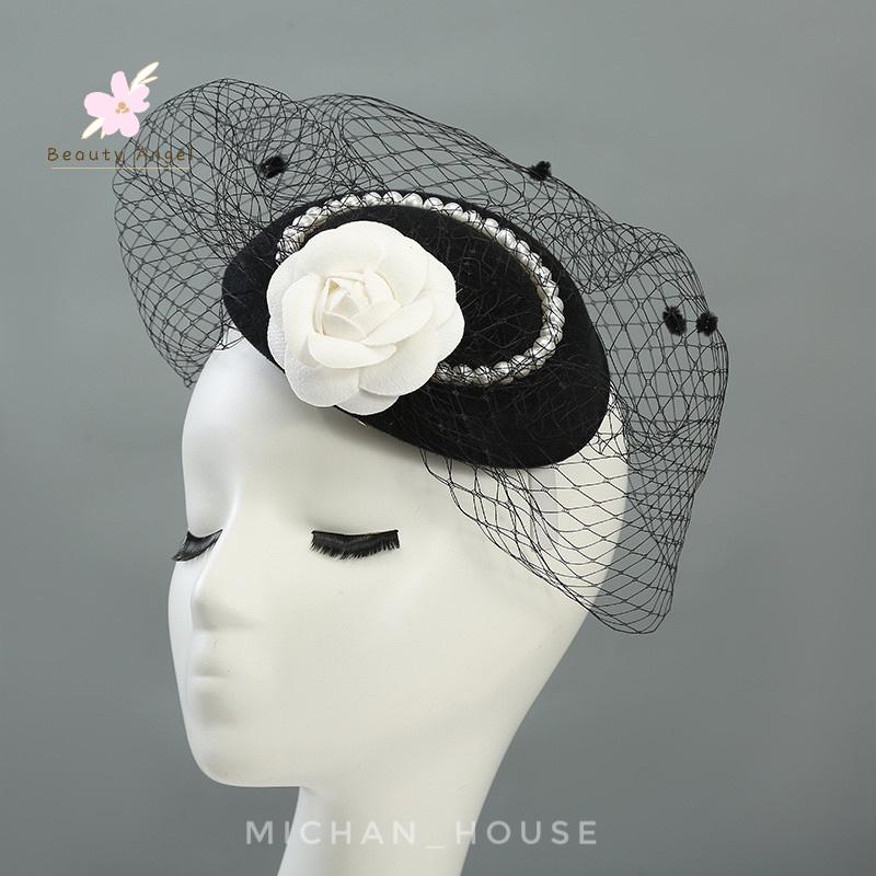 Mũ công nương cổ điển, mũ trùm đầu cô dâu phong cách trung hoa, mũ đội đầu lông vũ có lưới che nửa mặt