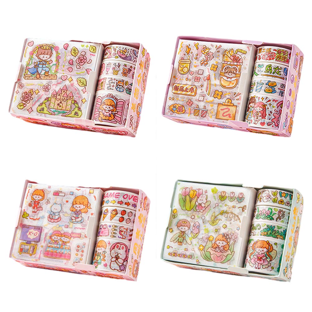 Hộp 8 món băng keo dính Washi tape + sticker dán trang trí sổ lưu niệm DIY hoa tiết hoạt hình cute HB