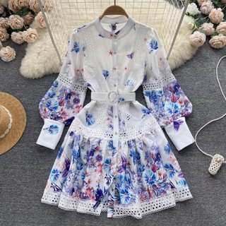 Đầm Dáng Chữ a Tay Dài Cổ Đứng Eo Cao In Họa Tiết vintage Thanh Lịch Thời Trang Xuân Thu Cho Nữ