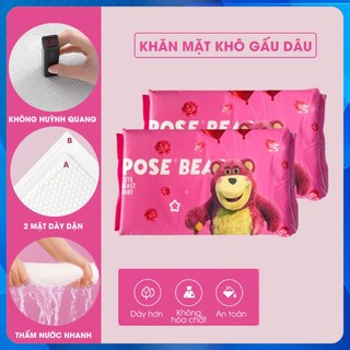 Khăn khô gấu dâu đa năng Rose Bear, Khăn mặt khô, Khăn tẩy trang dạng rút khăn mặt dùng 1 lần gói 50 tờ