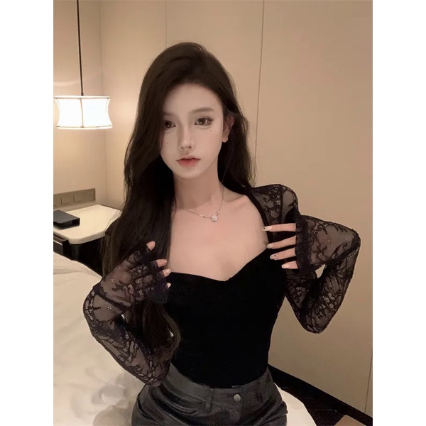 Milyfashion autumn winter new style royal sister style ren stitching velvet square neck long-tay thiết kế hàng đầu sexy slimmer look bottom shirt women