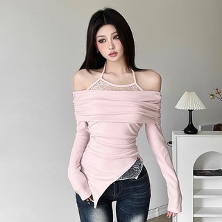 Klalien Áo Kiểu Tay Dài Hở Vai Màu Hồng Ngọt Ngào Dành Cho Nữ Thời Trang