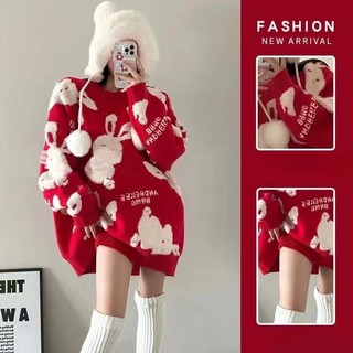 Áo cổ vuông áo len đỏ giáng sinh áo sweater dáng rộng in hình thỏ giáng sinh năm mới dễ thương cho nữ