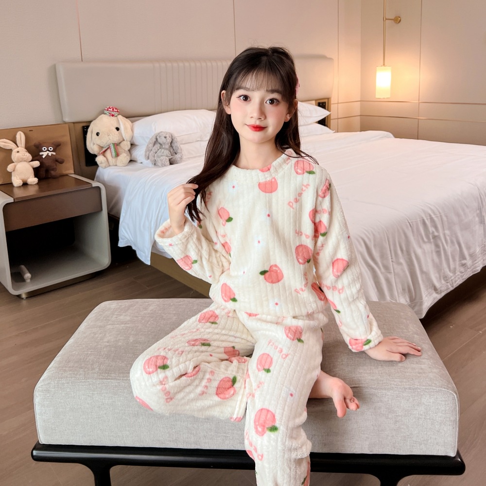 Bộ Đồ Ngủ Hai Mặt Bằng Vải flannel Phối Lông Cừu Thời Trang Thu Đông Mới Cho Bé Gái