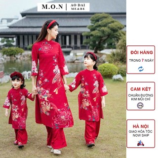 Set áo dài mẹ bé dư niên tơ 4 tà cao cấp đỏ