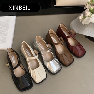 XINBEILI Giày búp bê Mary Jane   FBL23903DA 39Z230930 đế bệt có quai da mềm êm ái đế chống sốc điệu đà cho nữ