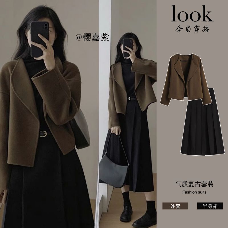 【Bess's house】áo khoác nữ+chân váy chữ a，đồ thu đông nữ,set đồ nữ mùa đông，set váy nữ，set đồ nữ sang