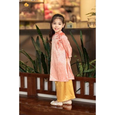 Áo dài gấm tết bé gái LITIBABY nơ vai cho bé 10kg - 35kg
