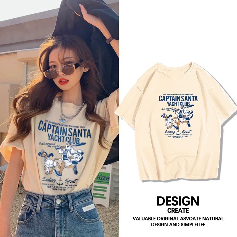 Áo thun nữ form rộng cotton cổ tròn in basic