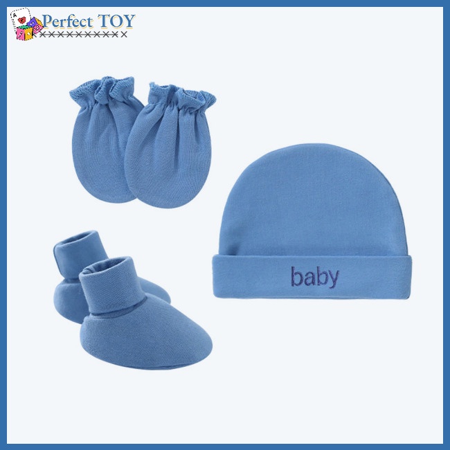 Psf set Mũ Và Găng Tay cotton Một Lớp Chống Trầy Xước Màu Trơn Cho Bé Trai Sơ Sinh