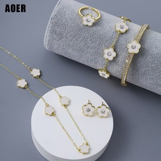 Aoer set 1 vòng cổ + 1 vòng tay + 1 đôi bông tai + 1 nhẫn hình hoa may mắn