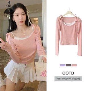 Crlnhc Áo Thun Dài Tay Trễ Vai Giả Hai Lớp Phối Dây Thắt Thời Trang Mùa Thu Ngọt Ngào Dành Cho Nữ