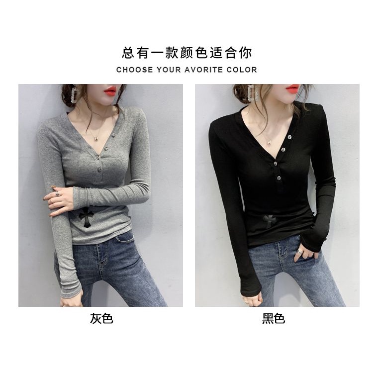 Áo Thun Tay Dài Cổ Chữ v Dáng Ôm Phong Cách Châu Âu Thời Trang Xuân Thu Cho Nữ