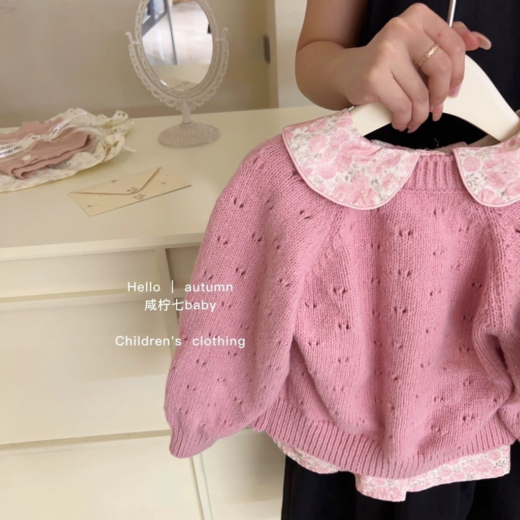Set Váy Thu Đông, Váy Dệt Kim In Hoa Cổ Búp Bê + Áo Khoác Cardigan Phong Cách Hàn Quốc Thời TrangThu Đông Dành Cho Bé