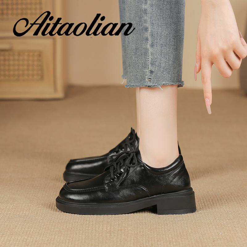 Giày Da Lười Đế Mềm 3.5cm Cột Dây Mũi Tròn Phong Cách Anh Quốc Đơn Giản Tăng Chiều Cao Cho Nữ