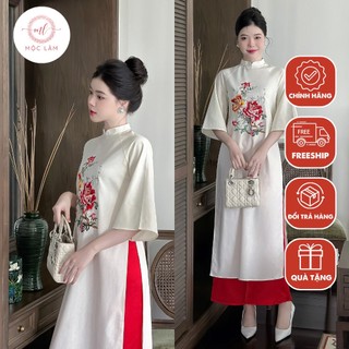 Áo dài cách tân nữ, áo dài Tết cổ tàu tay lỡ chất liệu Linen thêu hoa cao cấp đủ size  - Áo dài Mộc Lâm AD60