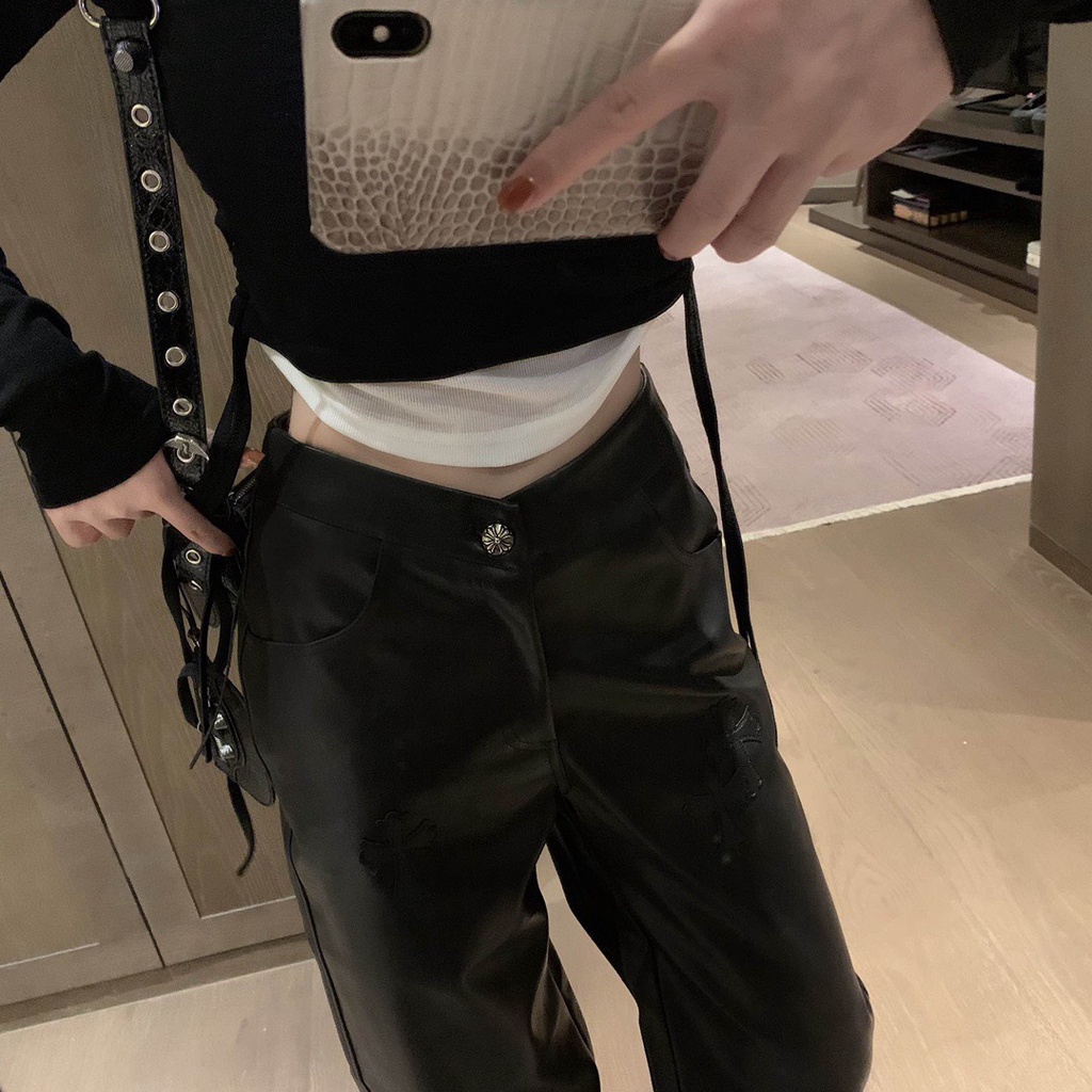 3ENV Chrome Hearts 23 autumn and winter new leather embroidery logo decorative design casual low waist leather pants women's fashion straight pants Women's
