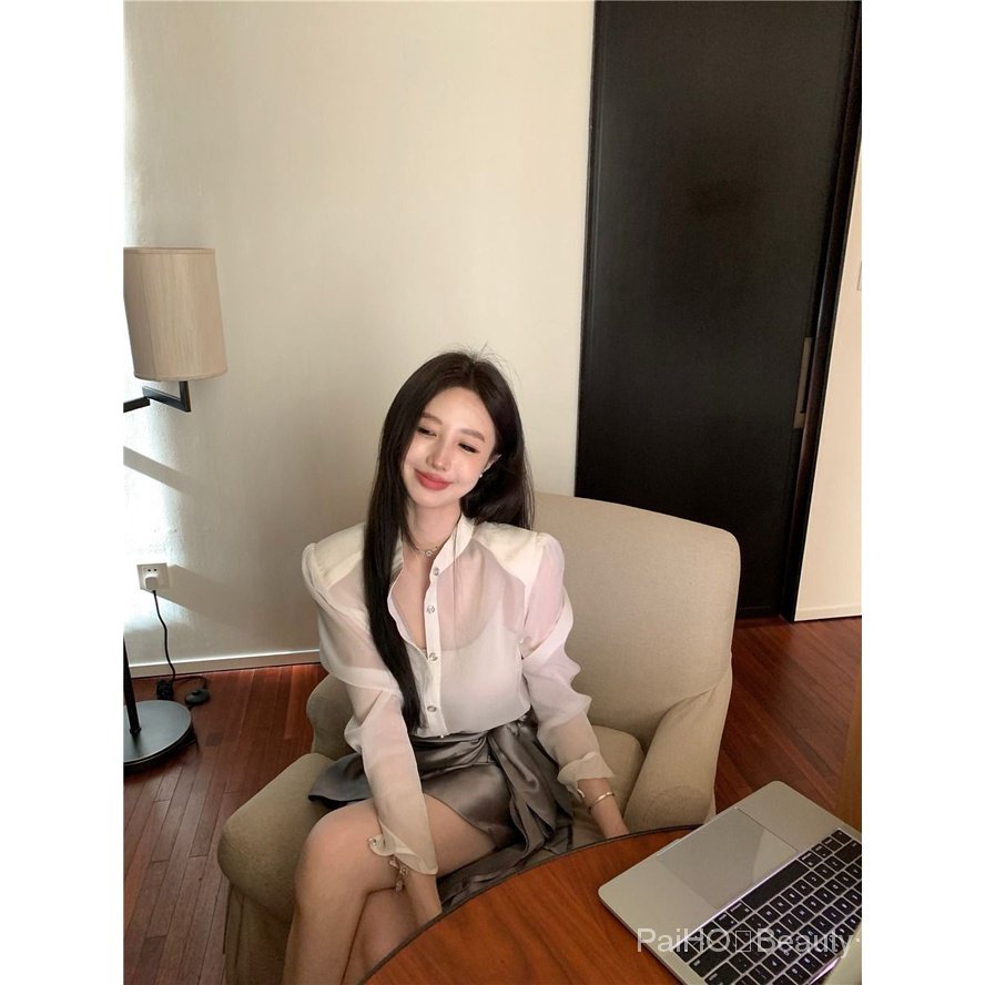 PaiHO❤ Áo Sơ Mi Chống Nắng Dáng Rộng Vải Tuyn + Chân Váy Eo Cao Thời Trang Mùa Hè Hàng Mới Dành Cho Bạn Nữ