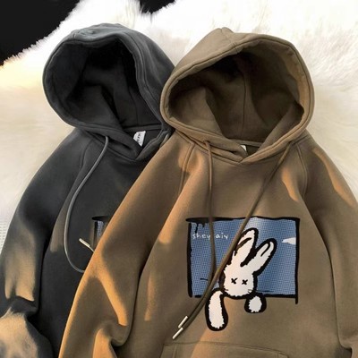 Áo hoodie dáng rộng thời trang cho nam size M-8XL cotton Nhung Dày Dặn Tay Dài In Họa Tiết Thỏ Và Chữ Thời Trang Cho Cặp Đôi