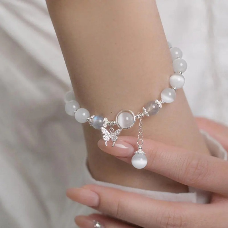 Vòng Tay Chuỗi Hạt Đá Mắt Mèo Màu Trắng Tự Nhiên / Mặt Dây Chuyền Hình Bướm Thời Trang Cho Nữ