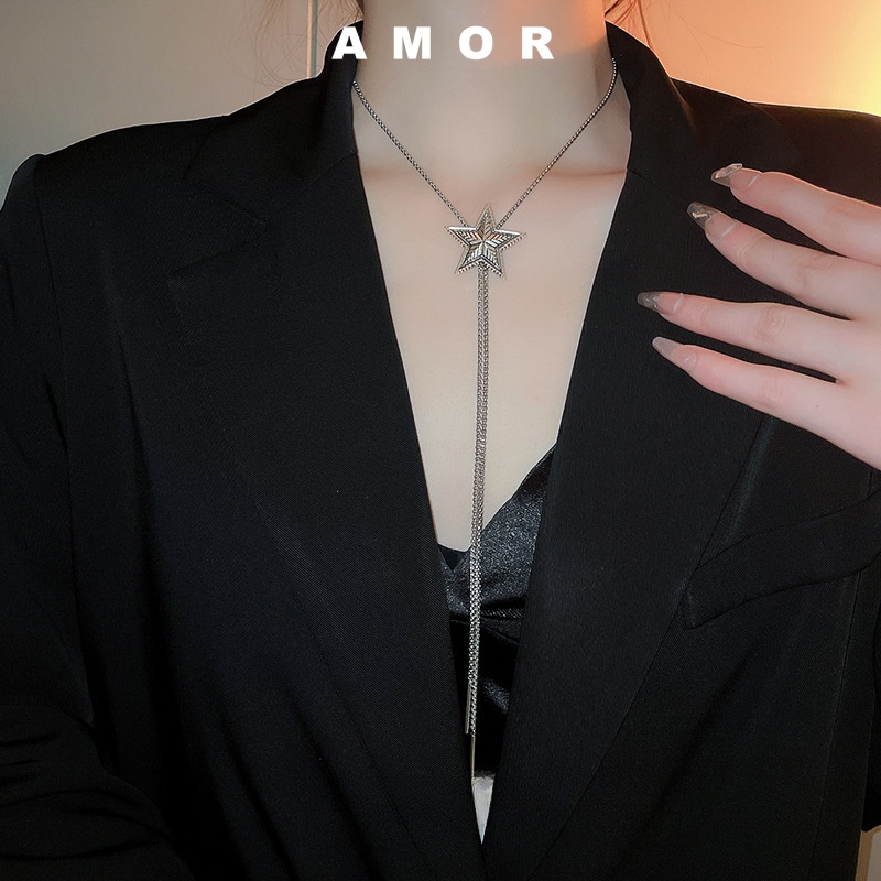 Vòng Cổ choker Dài Bằng Thép Không Gỉ Mặt Ngôi Sao Năm Cánh Phong Cách hip hop