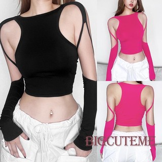 [] áo crop top nữ tay dài cổ thuyền khoét rỗng màu đỏ / đen