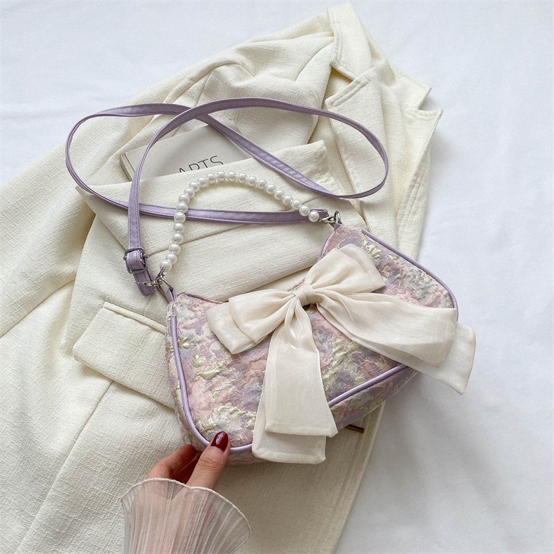 Niche Túi Đeo Chéo Đính Nơ Ngọc Trai Thời Trang Dành Cho Nữ