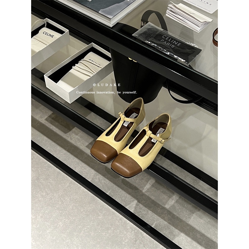 Giày Búp Bê Da Mũi Vuông Phối Màu Xinh Xắn Theo Phong Cách Pháp Dành Cho Nữ