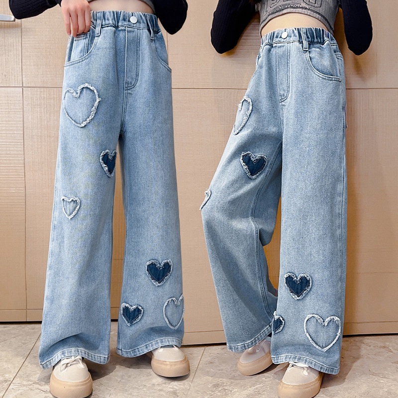 IQ Angel Quần denim Ống Rộng Viền Thô Hình Trái Tim Cho Bé Gái Trung Niên Và Người Lớn Tuổi