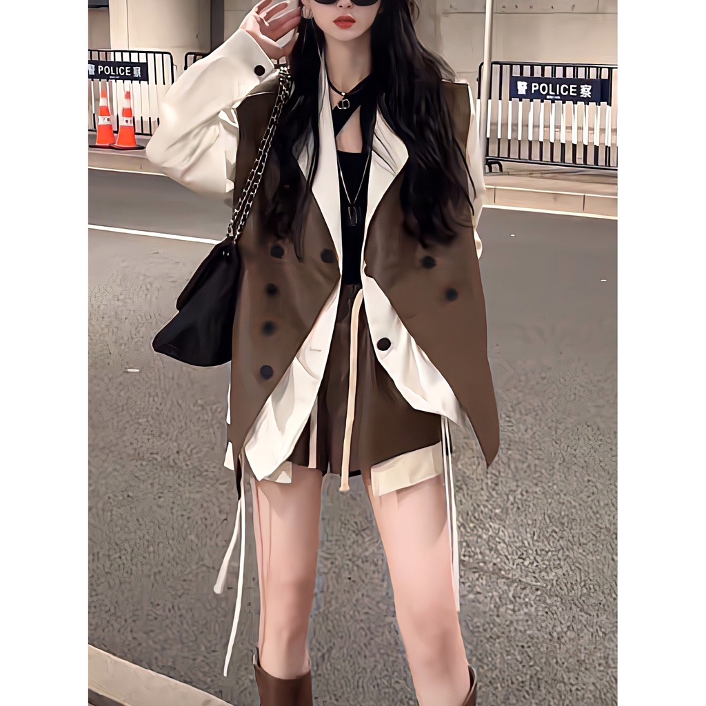 Áo Sơ Mi Dây Rút Cổ Điển Giả Nhiều Lớp Phong Cách hong kong Mùa Xuân Thu Cho Nữ