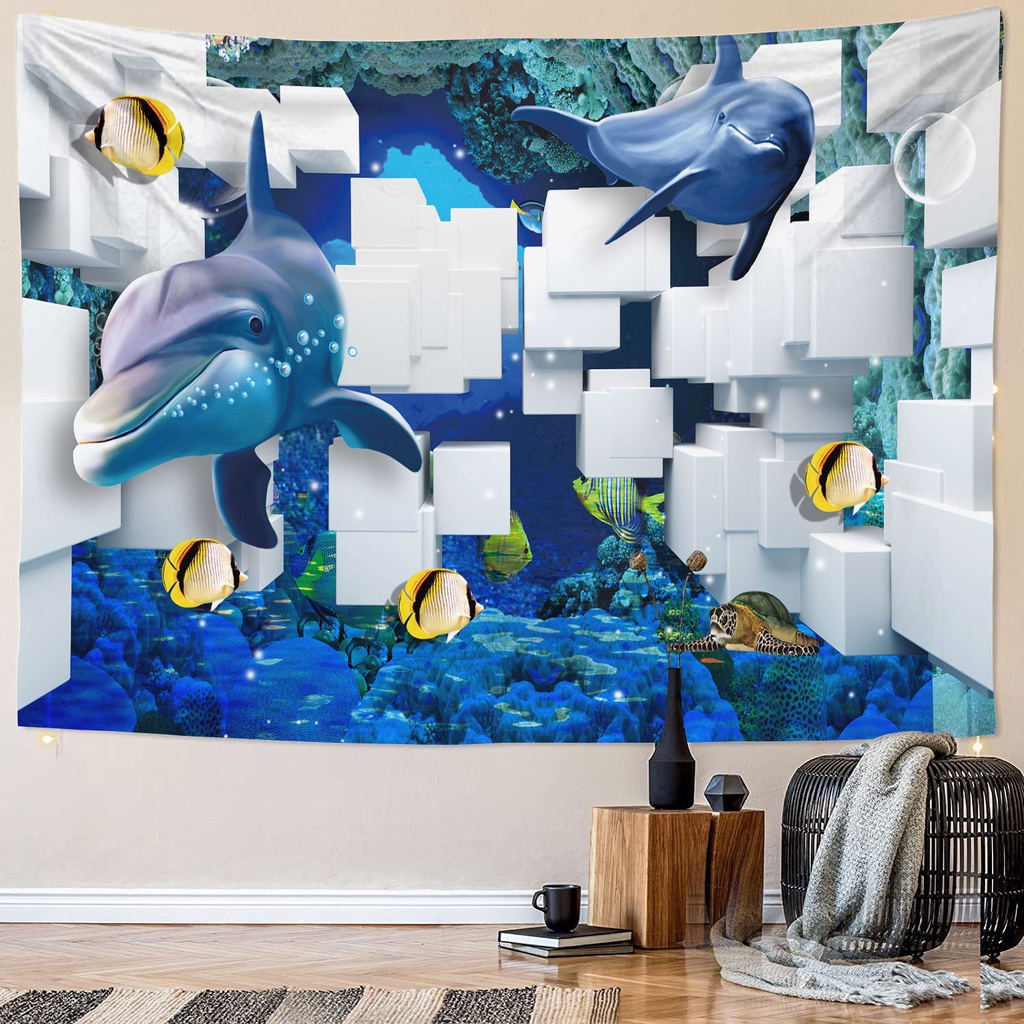 Thảm Treo Tường Trang Trí Phòng Khách Hình Cá Heo 3d 6 Kích Cỡ Dễ Thương