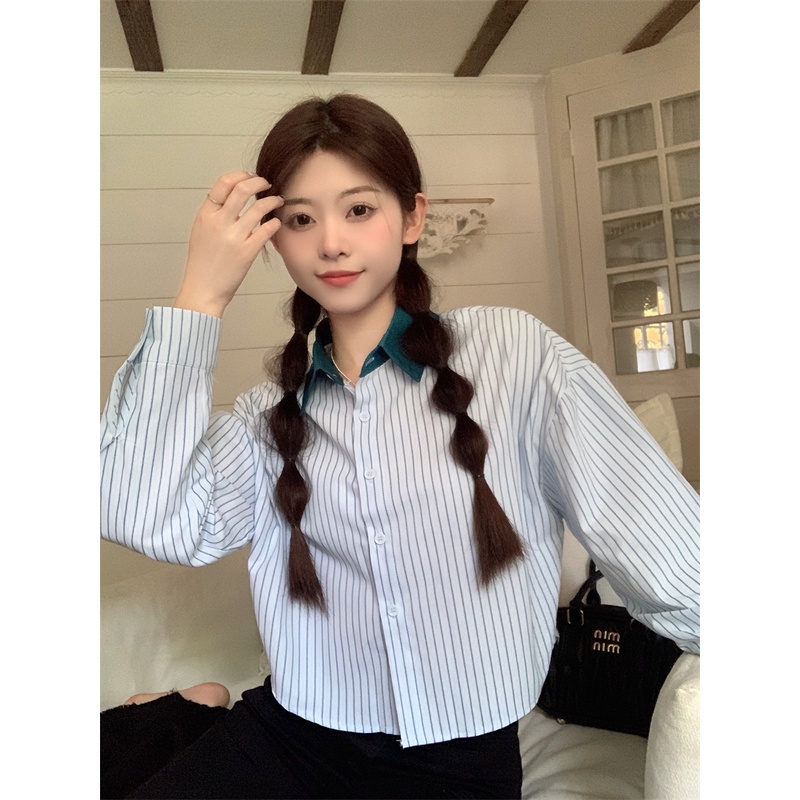 Mới Áo Sơ Mi Tay Dài Phối Màu Tương Phản Thời Trang Cho Nữ