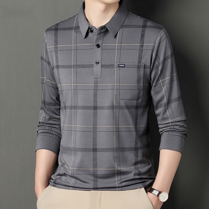 Áo Thun polo Mỏng Tay Dài Dáng Rộng In Họa Tiết Kẻ Sọc Phối Túi Thời Trang Cho Nam