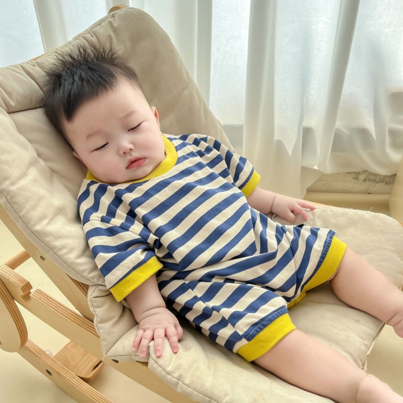 Bộ Áo Liền Quần Bằng cotton Tay Ngắn Họa Tiết Kẻ Sọc Thời Trang Mùa Hè Hàn Quốc Dễ Thương Dành Cho Bé Trai Gái 0-2