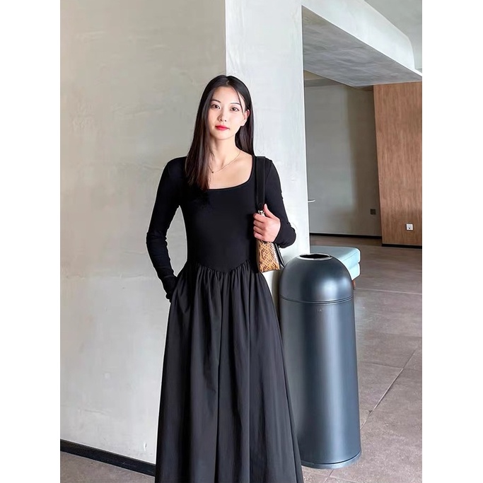 Đầm Xòe Chữ a Tay Dài Cổ Vuông Eo Cao Có Túi Phong Cách Pháp