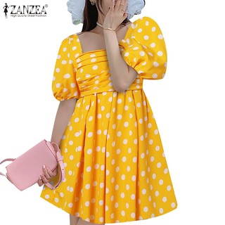 Váy phồng chấm bi in hình cổ vuông ngắn tay xếp li ZANZEA dành cho nữ