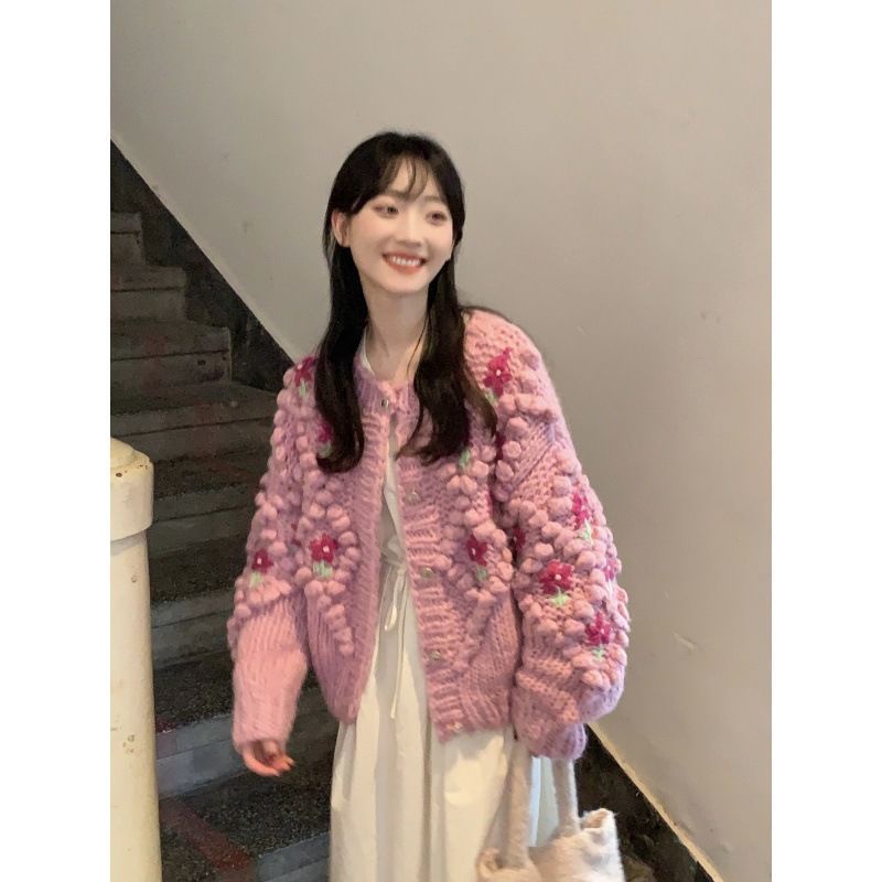 Women's sweater Spring and Autumn 2023 new retro heavy industry crochet design sense niche pink sweater coat for women