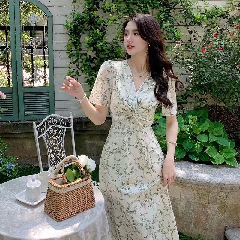 Đầm Voan Hoa Ngắn Tay Cổ Chữ v Thời Trang Mùa Hè