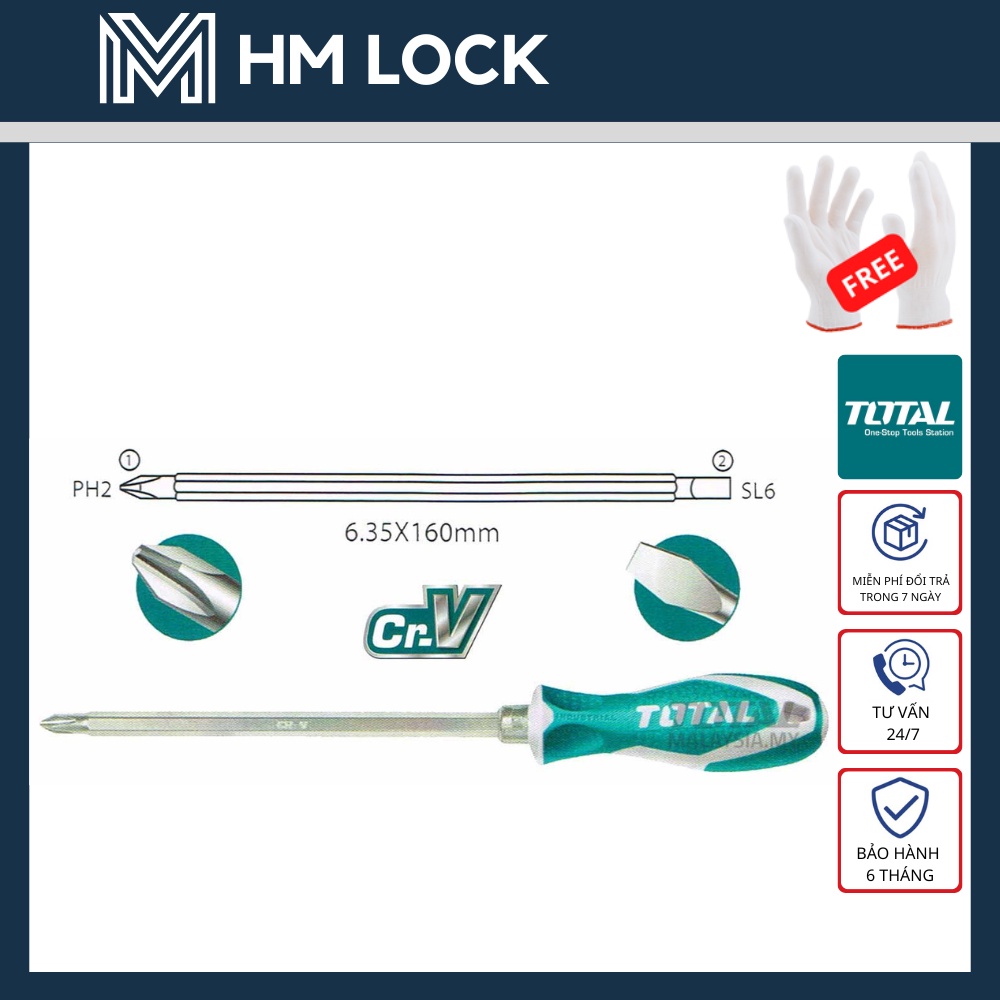6.35x160MM BỘ TUA VÍT 2 ĐẦU PH2+SL6 TOTAL - HÀNG CHÍNH HÃNG - THT250206 - HM LOCK