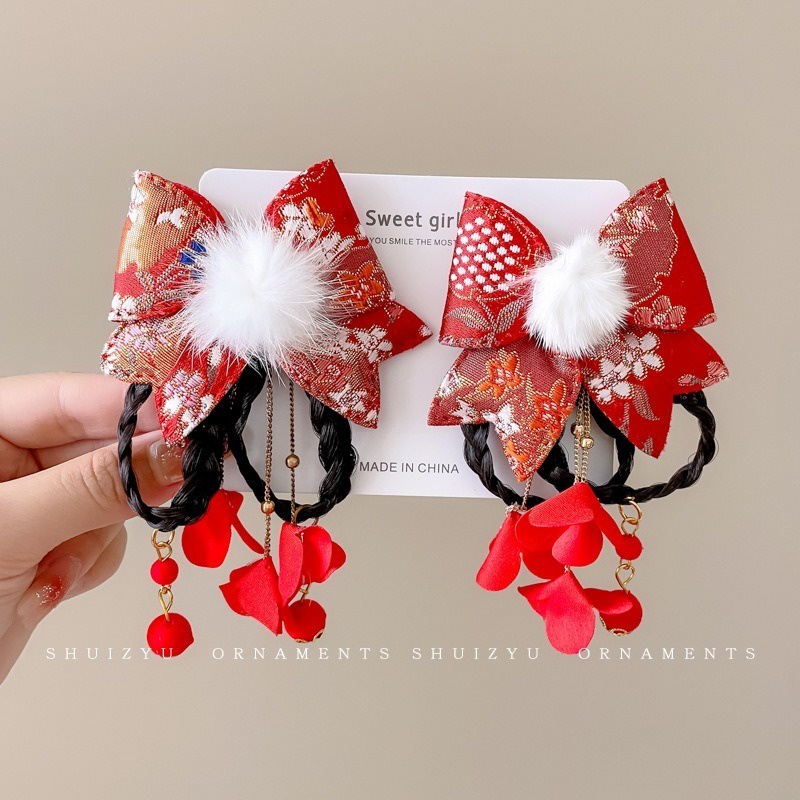 Set 2 Kẹp Tóc Đính Nơ Giả Phong Cách Trung Hoa Mừng Năm Mới Cho Bé Gái