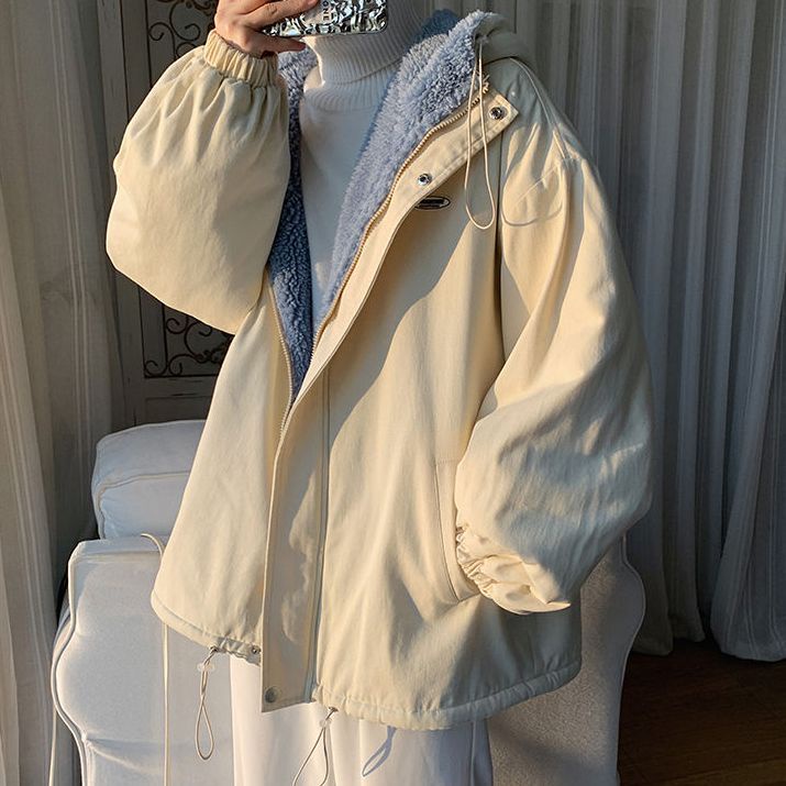 Áo Khoác Phao Lót Lông Cừu Dày Dặn Dáng Rộng Thời Trang Mùa Đông Cho Nữ