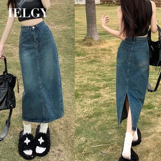 IELGY Chân váy jean Chữ a Lưng Cao Xẻ Tà Thời Trang Cho Nữ