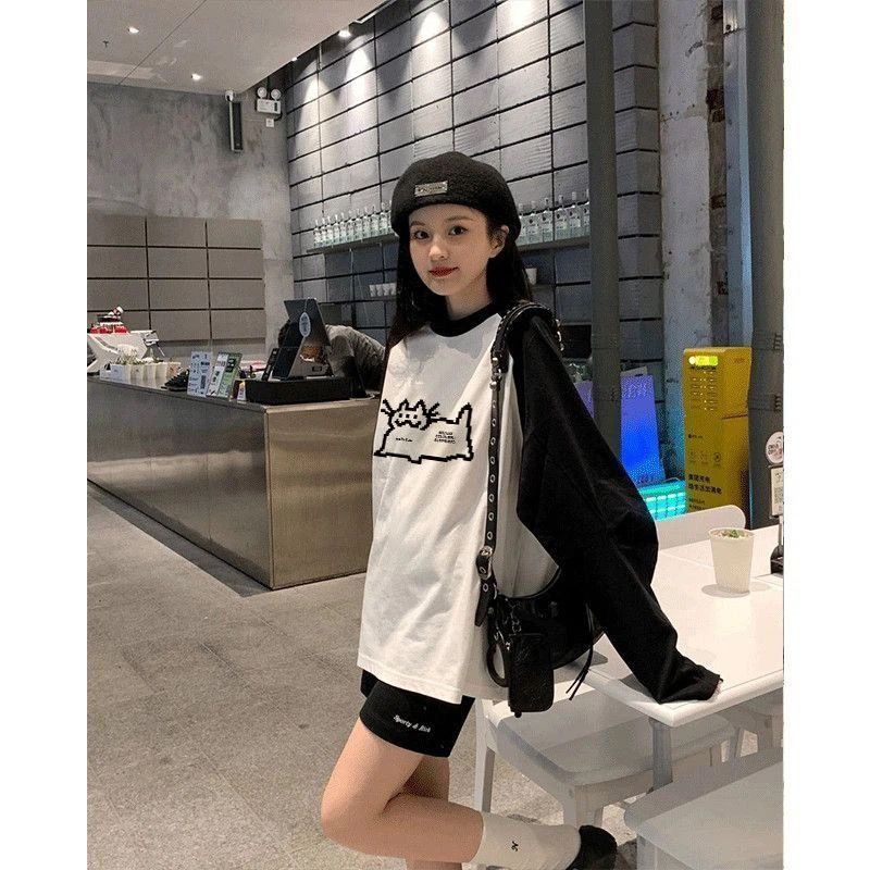 Ielgy Áo Thun Tay Dài Dáng Rộng Màu Tương Phản Phong Cách Hàn Quốc Thời Trang Cho Nữ