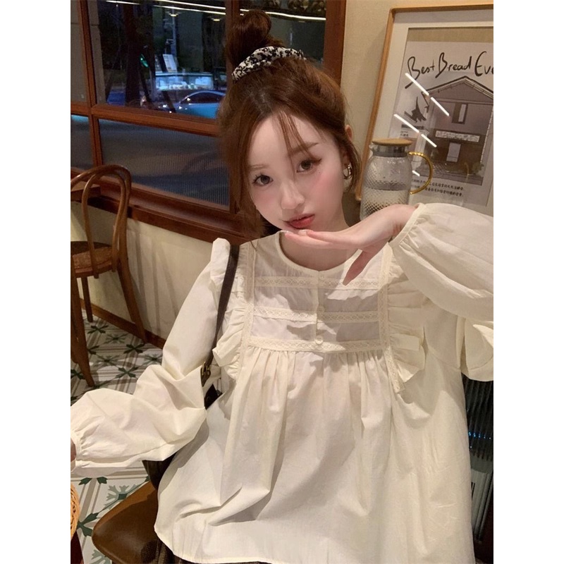 Áo Sơ Mi Dài Tay Phối Bèo Phong Cách Pháp Thời Trang Cho Nữ