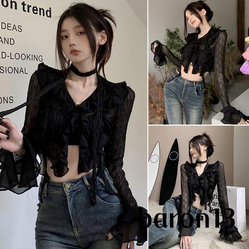 Áo Thun Tay Dài Phối Lưới Cổ Chữ v Màu Đen xo8k Thời Trang Xuân Hè Cho Nữ