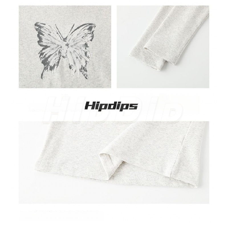 Áo baby tee Áo croptop tay dài Áo Thun Tinh Khiết Tay Dài Hở Vai Dáng Ôm In Họa Tiết Bướm Thời Trang Mùa Thu Cho Nữ